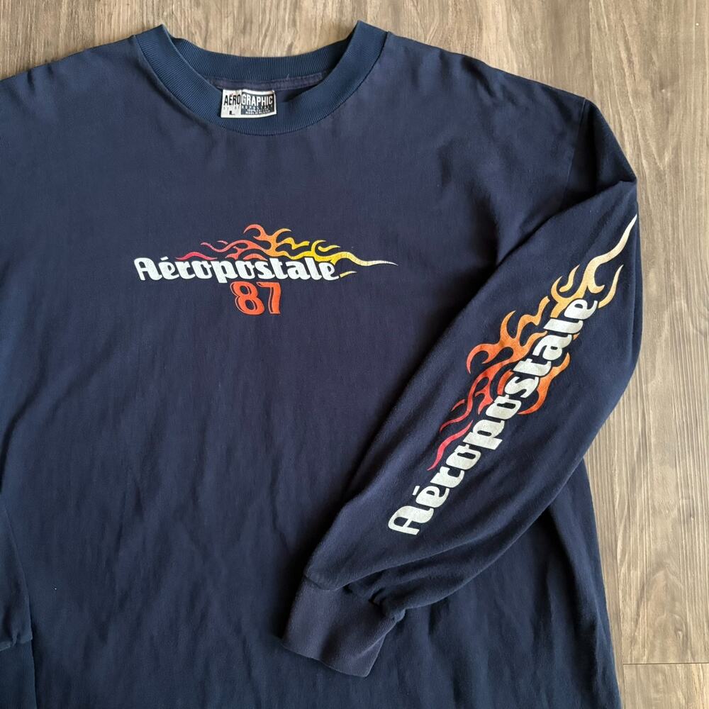 Vintage Y2K Aeropostale T-Shirt Men's Size L Flames Long Sleeve Blue Faded RARE